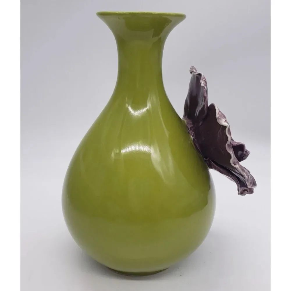 Anthropologie Rose of Sharon Grand Purple Flower On Olive Green Vase 9”x6”~ New - Picture 4 of 8